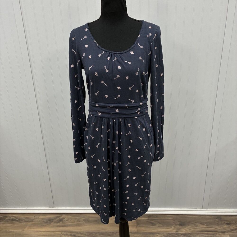 Boden Women's Sz 8 Blue Key & Lock Print Fit Flare Stretch Dress Classic Preppy